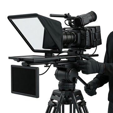 Professional broadcast video camera with teleprompter on tripod isolated on white background