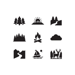 Fototapeta premium Black silhouettes of nature and outdoor activities icons set mountains trees fire camp deer