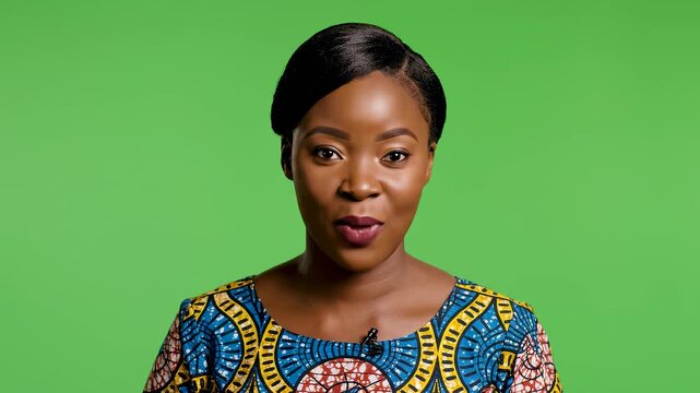 Smiling Young African Woman Presenter in Traditional Patterned Dress on Green Studio Background