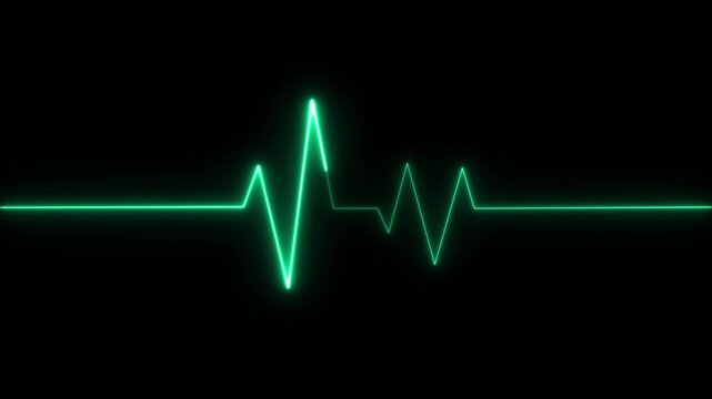 ECG heartbeat line glowing on a deep black background, with sharp pulse peaks and smooth flat segments, symbolizing heart activity, life monitoring, and medical diagnostics in a futuristic digital.