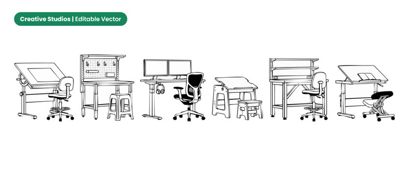 Ergonomic desk and chair vector line art drawings showcasing various adjustable workstations, drafting tables, standing office desks, drawing boards, stools, and computer monitors for workspace.