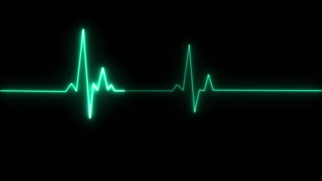 ECG heartbeat line glowing on a deep black background, with sharp pulse peaks and smooth flat segments, symbolizing heart activity, life monitoring, and medical diagnostics in a futuristic digital.