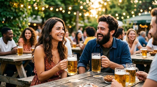 Oktoberfest celebration couple enjoying beer and festivities with friends outdoors