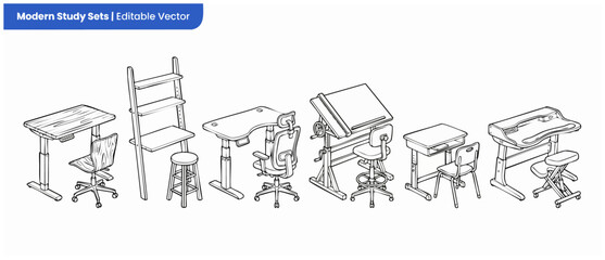 Naklejka premium Modern desk and chair vector icon set featuring adjustable standing tables, workplace furniture, ergonomic seating, drafting desks, and office supplies in line art style for workspace design.