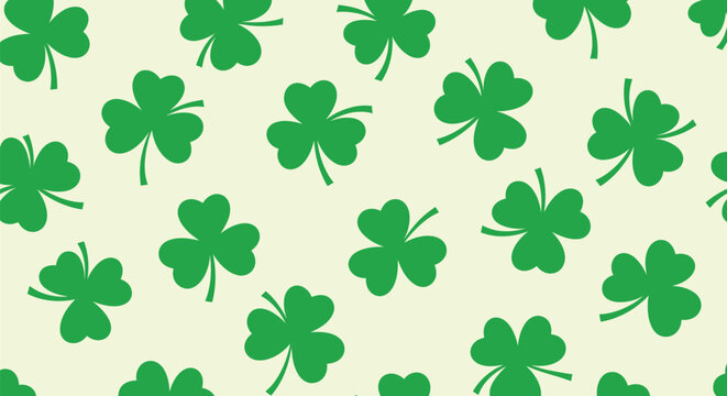 Seamless pattern of green shamrocks on a light green background, symbol of luck and Ireland, Saint Patricks Day.