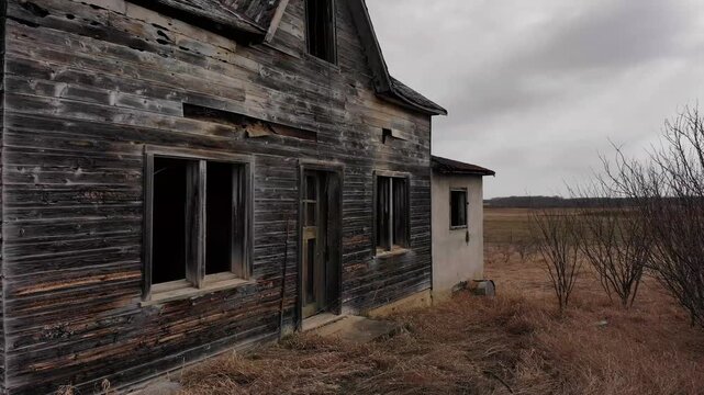 Moving sideways looking at an abandoned wooden prairie farmhouse with the windows missing on a cloudy day
