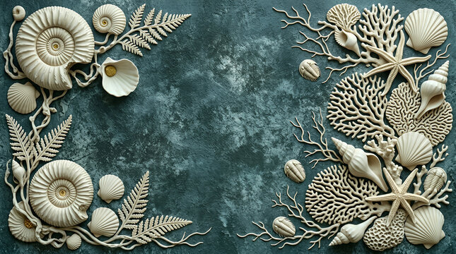 Cream-colored ammonites, shells, coral, and ferns on textured teal background seashell