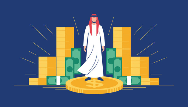 Middle Eastern businessman in traditional thobe stands proudly amidst large stacks of gold coins and green cash banknotes.