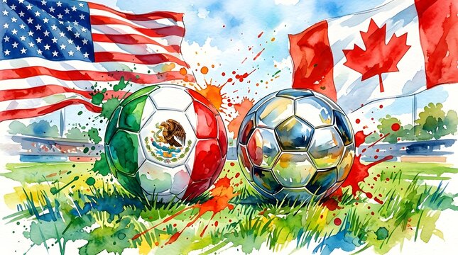 Vibrant soccer balls and flags of usa mexico and canada