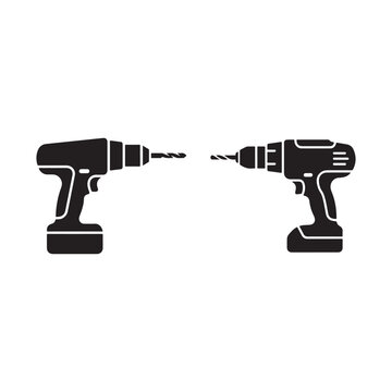 Two black cordless drills facing each other with drill bits extended