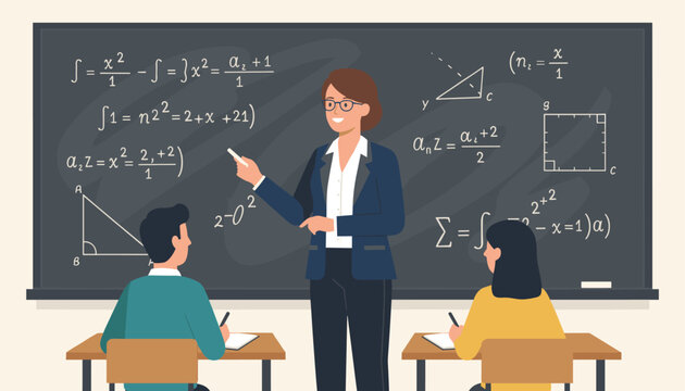 Professional mathematics teacher explains complex equations and geometric formulas on a blackboard to students in a classroom.