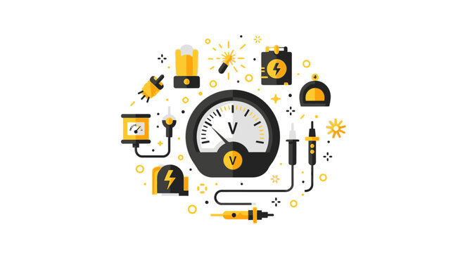 Electrical Voltage Meter and Power Measurement Flat Icon Set - Professional Industrial Energy Concept Vector Illustration