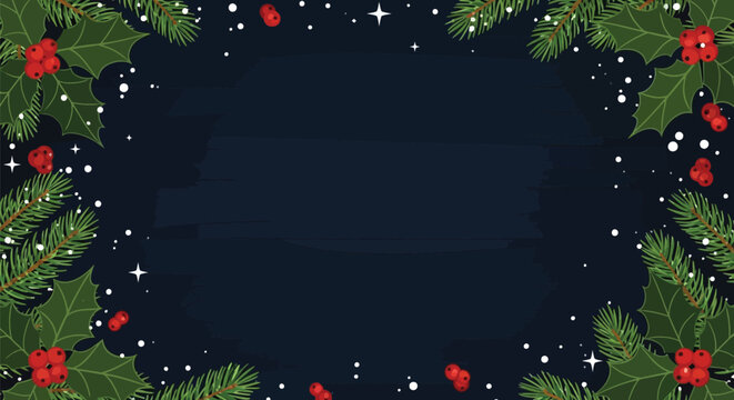 Christmas festive border with holly berries and pine branches over dark blue brushed texture background featuring scattered white snow for seasonal design.
