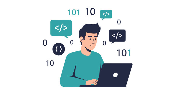 Software Developer Working on Laptop with Coding Symbols and Binary Code Flat Vector Illustration