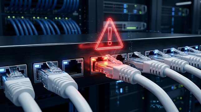 Server room network switch with ethernet cables and a glowing red warning triangle indicating connection error or cyber attack