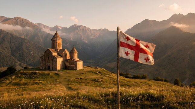Gergeti Trinity Church with Georgian Flag on Mountain Peak Golden Hour Landscape