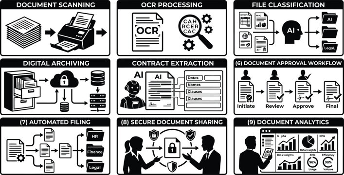 Document Management Process Icons With Silhouettes documents