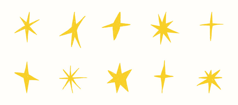 Hand drawn crayon stars in pastel style. Cute sparkle icons for kids party designs, Christmas cards, scrapbooking, birthday backgrounds, festive sticker collections. Doodle isolated vector illustratio