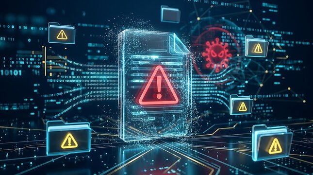 Holographic digital document with red warning alert triangle indicating infected file cyber security threat or data breach