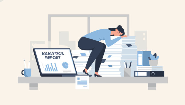 Exhausted female office employee sleeping on large stack of paperwork with laptop showing analytics report on work desk.