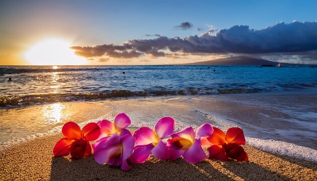 maui s soft surf cradles vibrant orchids a tropical lei paradise captured in stunning beach photography