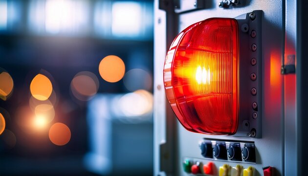 red pilot lamp glows bokeh blurred within an electrical control cabinet emphasizing lockout tagout safety