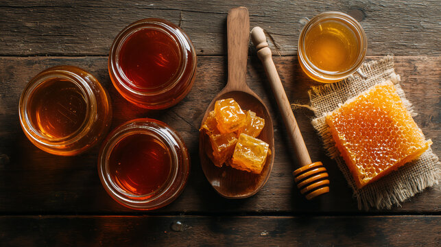 An overhead flat lay shows jars of fresh honey with chunks of comb and a wooden dipper arranged on a rustic dark wood table