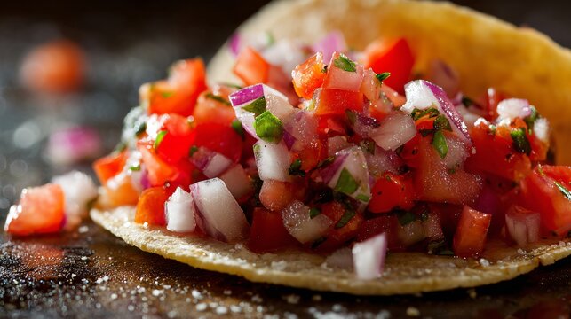 A macro shot of diced tomatoes and onions inside a taco with high detail and natural color