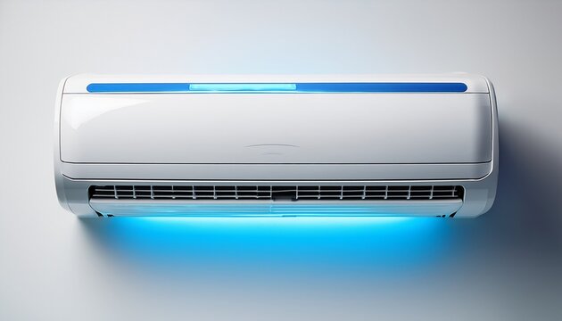 outstanding modern white air conditioner with blue light on a white background