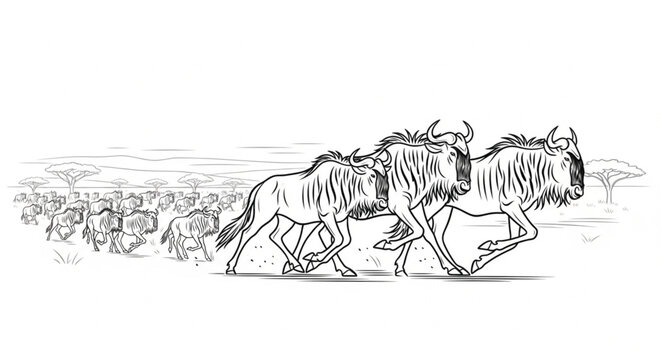 Wildebeest running in savannah landscape.