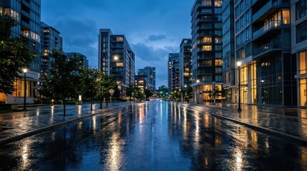 Fototapeta premium A rainy night view of a modern city street lined with illuminated apartment buildings reflecting on wet pavement.
