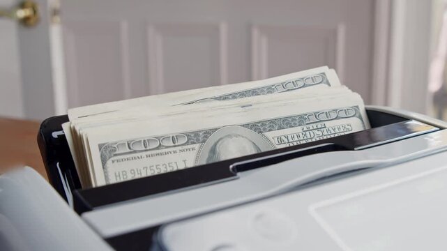 In a warm office filled with soft light, freshly printed hundred dollar bills emerge steadily from a counting machine, showcasing their neat stacks and vibrant design