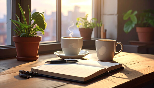 Morning coffee on desk with book and plants