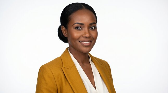 Beautiful smiling African American business woman corporate headshot in yellow blazer, diversity concept