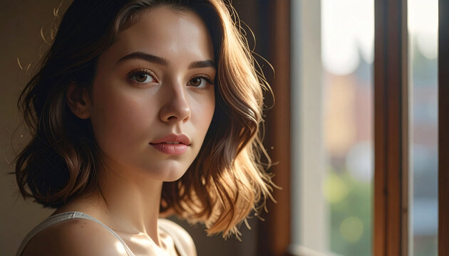 Portrait of a beautiful young woman by window