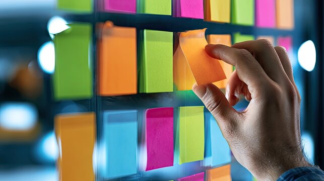 A hand places an orange sticky note on a wall of colorful notes