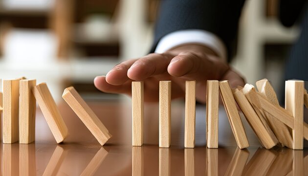Hand stopping falling dominoes, preventing a cascade effect