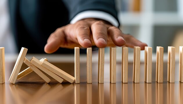 Hand stopping dominoes mid-fall, signifying control and preventing collapse