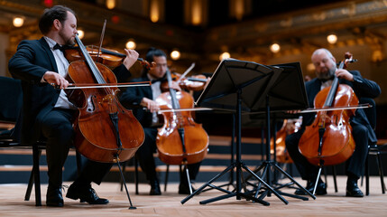 Fototapeta premium String quartet in formal attire rehearses inside an ornate gilded concert hall during afternoon light, music stands casting thin shadows across the parquet floor, a conductor in street clothes marki