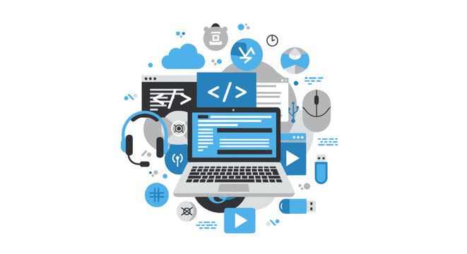 Software Development and Web Programming Concept Illustration with Laptop and Coding Icons