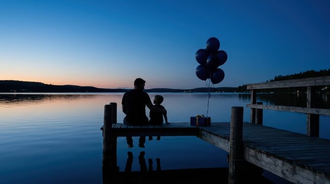A silhouette of an adult and child sitting on a dock at sunset, with a cluster of balloons and a gift box beside them by the calm lake.