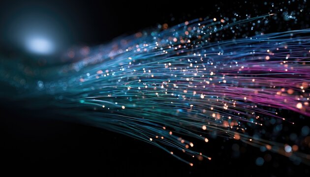 Ethereal strands of light bloom with vibrant colors against deep darkness