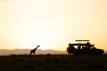 Safari Vehicle and Giraffe Silhouettes at Sunrise in Maasai Mara, Kenya © Rishi Varma