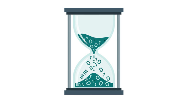 Conceptual Illustration of an Hourglass with Falling Binary Code Representing Digital Time Management and Data Processing
