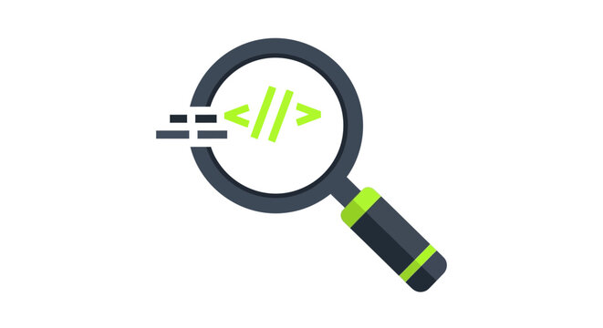 Code Review Icon with Magnifying Glass and Green Programming Brackets for Software Development, Debugging, and Security Audit