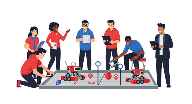 Diverse Group of Students Collaborating on Robotics Engineering and STEM Education Project