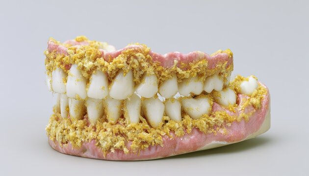 Full set of dentures covered in chunky, yellowish, granular material