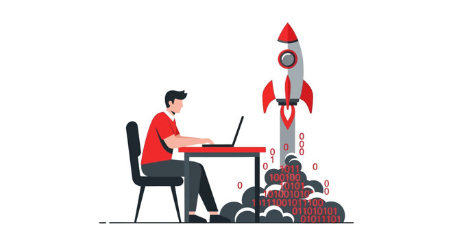 Man Working on Laptop with Rocket Launching from Binary Code, Business Startup and Technology Success Vector Illustration