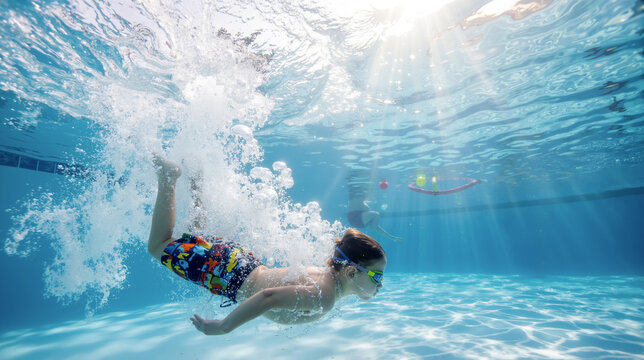 A young boy dives underwater in a bright swimming pool with bubbles and sun rays, capturing a sense of freedom and pure summer joy in a refreshing aquatic atmosphere of playfulness.