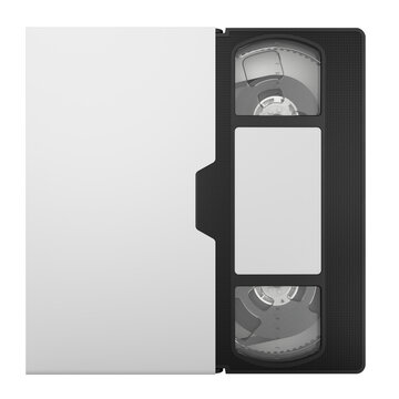 Isolated retro VHS video cassette tape with blank white paper sleeve cover, mockup